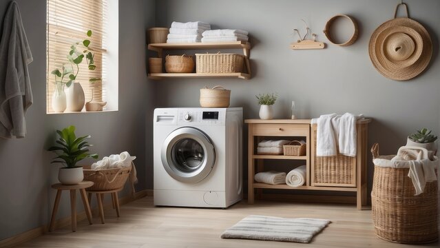 Modern Laundry Room with White Washing Machine and Wooden Accents