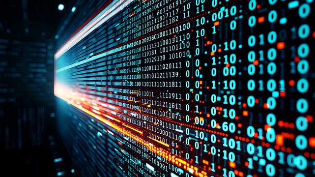 A futuristic data grid with binary code streaming across the screen