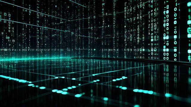 A futuristic data grid with binary code streaming across the screen