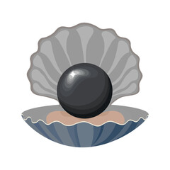 Illustration, drawn black pearl in a sea shell. Colorful design, clip art, poster