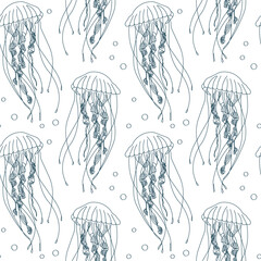 Seamless pattern,  contour jellyfish on a white background. Print, textile, vector © Tatiana