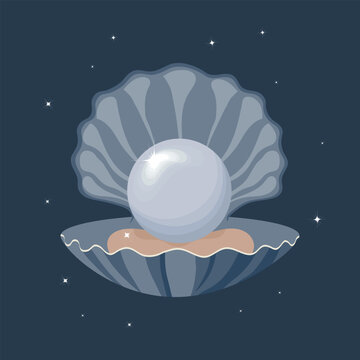 recommend clip art: Illustration, drawn white pearl in a sea shell on a blue night background with stars. Colorful design, clip art, poster