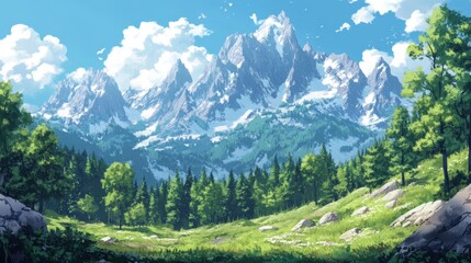 Fototapeta premium forest on mountain background, anime style