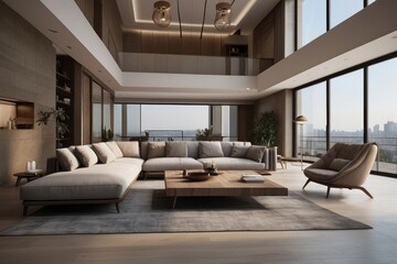 Fototapeta premium Modern Living Room with Sectional Sofa and City View