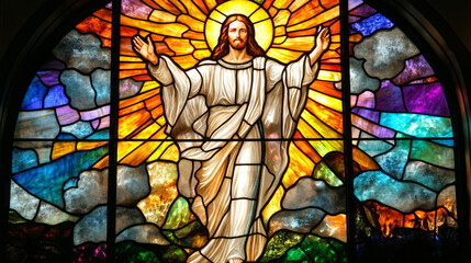 Obraz premium Light of Resurrection: An Easter stained glass window capturing the essence of the resurrection. --ar 16:9 --v 6.1 Job ID: 91b29f67-62a1-4f7e-a9f7-00ea82069433
