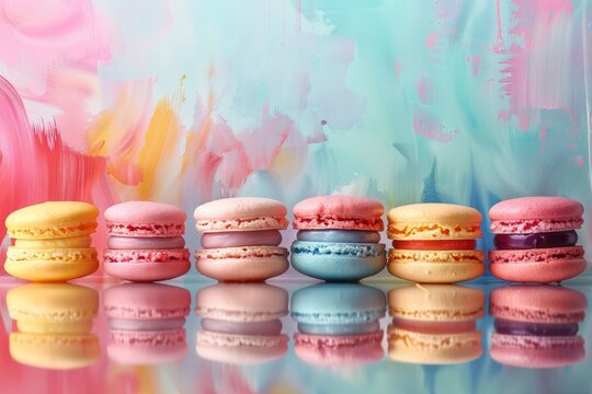 A colorful array of pastel macarons arranged in a neat row against a soft, artistic background.