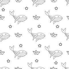Cute doodle hand drawn child pattern witn whales stars and paper ship on white background for fabric, clother, packaging