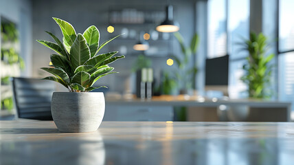 Fototapeta premium Potted plant on wooden desk table in modern office business technology, creativity concepts indoor decoration ideas lifestyle with blurred background working in home office coffee break sunlight