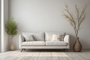 White Sofa and Plants in a Minimalist Living Room Interior