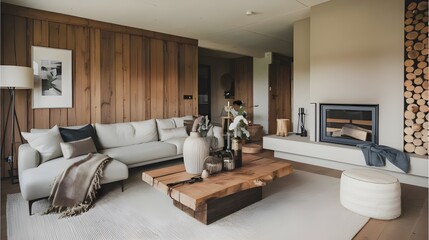 A modern living room in a Scandinavian chalet with a grey sofa and a rustic wooden coffee table., a beige rug, a few decorative items, a fireplace with logs on the side and wooden panels walls.