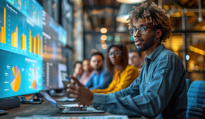 Team meeting focused on marketing data analysis in a modern office