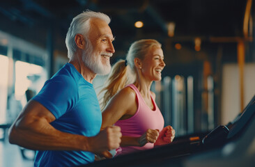 an elderly woman and man smiling while running on the treadmill in a fitness center, wearing a pink T-shirt and a blue sleeveless shirt with white hair.