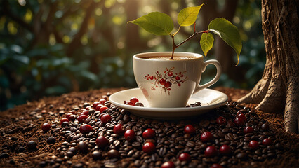 Elegant Coffee Beans and Cup Backgrounds for Stunning Designs | Rustic Coffee Beans and Cup Stock Images for Creative Projects | Premium Coffee Beans and Cup Backgrounds for Eye-Catching Visuals