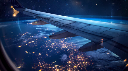 Nighttime Airplane Window View: Capturing City Lights and Starry Skies from Above