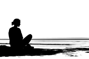 Black silhouette of a young woman at a beach on a white background.