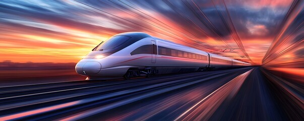 High-Speed Train Racing Through a Vibrant Sunset Sky