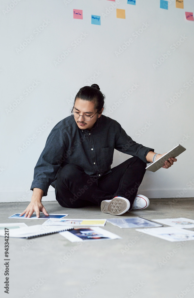 Poster reading, tablet and business man with paperwork for creative solution, problem solving or plan. idea