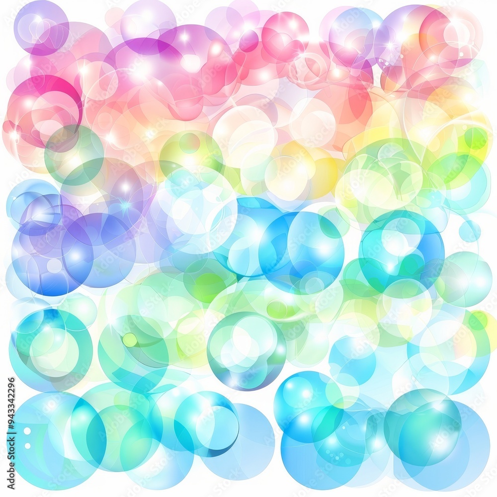 Poster rainbow soap bubbles, abstract background. multiple colorful transparent spheres floating in air.