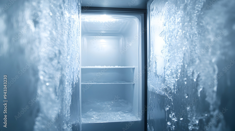 Poster inside view of a freezer with ice and frost buildup, highlighting a common issue with cold storage a
