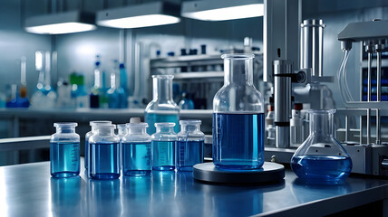 Pharma factory with conveyor line glass bottles