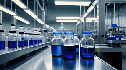 Pharma factory with conveyor line glass bottles