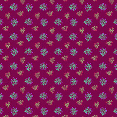 Colorful small floral pattern Simple red hot pink lilac violet flowers flat lays on a dark red purple background
