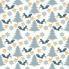 Squirrel seamless pattern silhouette style with trees and snowflakes