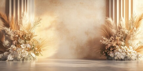 Elegant Wedding Venue Backdrop: Luxurious Interior Design for Romantic Celebrations. Abstract Minimalist Decor with Soft Gradient Textures and Ample Copy Space. Perfect for Wedding Planners, Event Mar