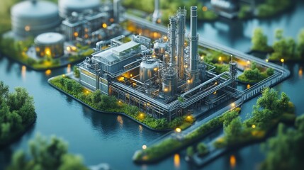 Obraz premium A modern facility utilizing renewable energy sources is situated by the water, surrounded by greenery.