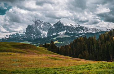 Panoramic view of the Langkofel Group from Seiser Alm in the Dolomites in South Tyrol, Italy.