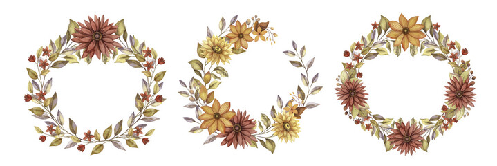 Fall round wreath set with watercolor flower. Hand drawn floral frame with blooming in rustic style with red and orange color. Perfect for autumn botanical invitation and greeting card designs.