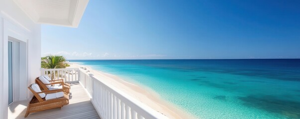 Obraz premium Elegant resort balcony with breathtaking views of turquoise waters and a pristine sandy beach