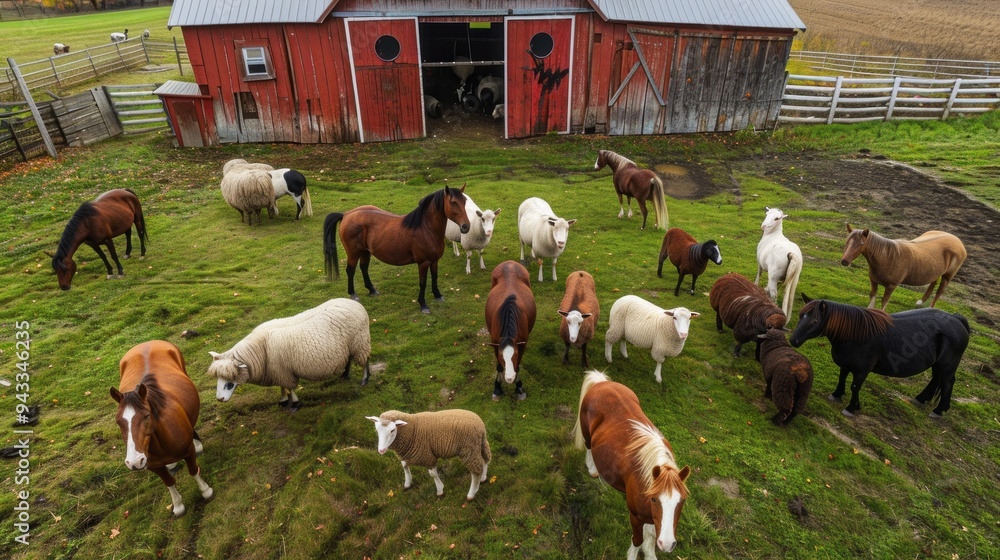 Poster a herd of horses and sheep are grazing in a field