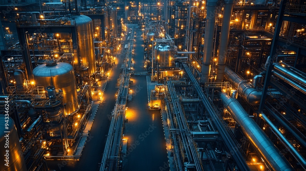 Poster a complex network of pipes and tanks illuminated by lights while integrating renewable energy techno
