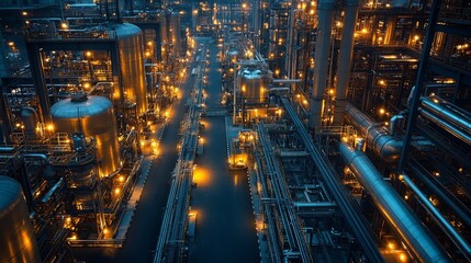 A complex network of pipes and tanks illuminated by lights while integrating renewable energy technologies.