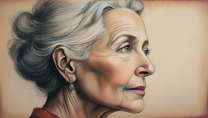 Fototapeta premium Retro portrait of an elderly woman, pencil drawing with color, closeup.