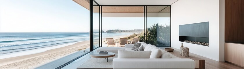 A seaside home with a floor-to-ceiling glass wall, providing a stunning outlook of the beach and ocean