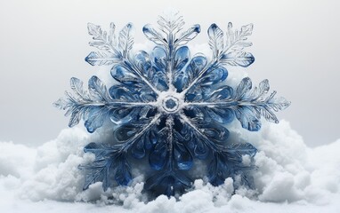 A stunning blue snowflake resting on soft white snow, capturing the beauty of winter with intricate details and delicate structure.