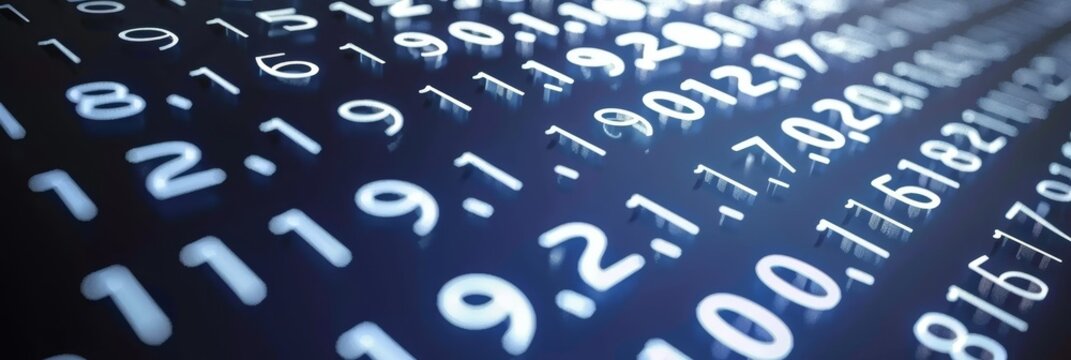 Glowing White Numbers on Dark Blue Diagonal Grid, Data Background, Abstract Technology Illustration