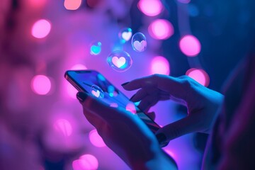 Young man using smartphone, social networking, heart icon