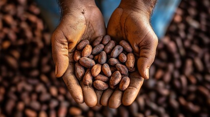 Dried cocoa beans collected on the palm against the background of dry cocoa beans. Hands holding freshly harvested raw cocoa beans. Cocoa (Theobroma cacao L.) is a cultivated tree in plantations