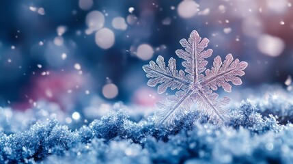Fototapeta premium A stunning close-up of a delicate snowflake resting on soft, shimmering snow, capturing the essence of winter's beauty.