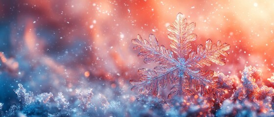 Fototapeta premium A stunning close-up of a snowflake resting on a soft bed of snow with a dreamy, colorful background of winter hues.