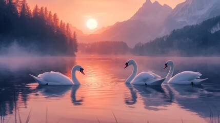 Fototapeta premium swans in the lake, anime style