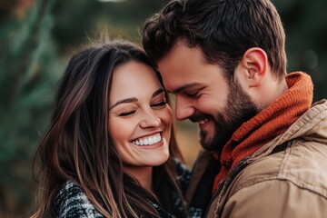 A couple embraces warmly, showing genuine affection and happiness. They stand in a picturesque outdoor setting during fall, dressed in cozy sweaters and jackets.