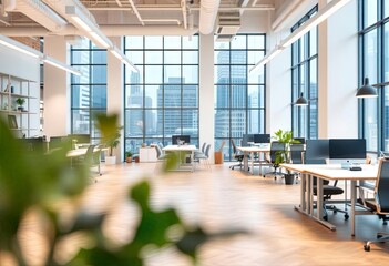 Blur focus of White open space office interior can be used as background, ai