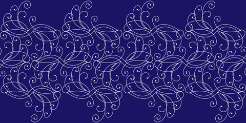 Seamless border of curved lines. White curls on blue background. Ornate complex ornament.. Frost pattern on the window. Classic vintage design. Monochrome dark blue decor for clothes, home, etc.