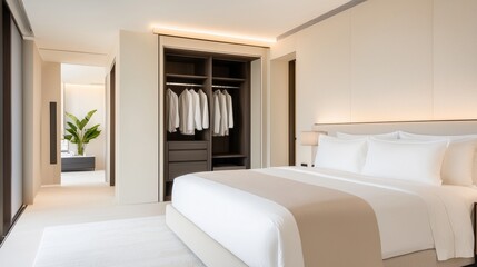 Fototapeta premium A luxurious master bedroom with a king-sized bed, walk-in closet, and en-suite bathroom