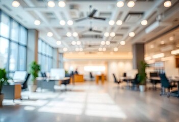 Blurred empty open space office. Abstract light bokeh at office interior background for design, ai