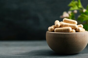 Wooden bowl filled with herbal capsules on a dark background with green foliage suitable for wellness, natural medicine, alternative treatments, and dietary supplement advertising,